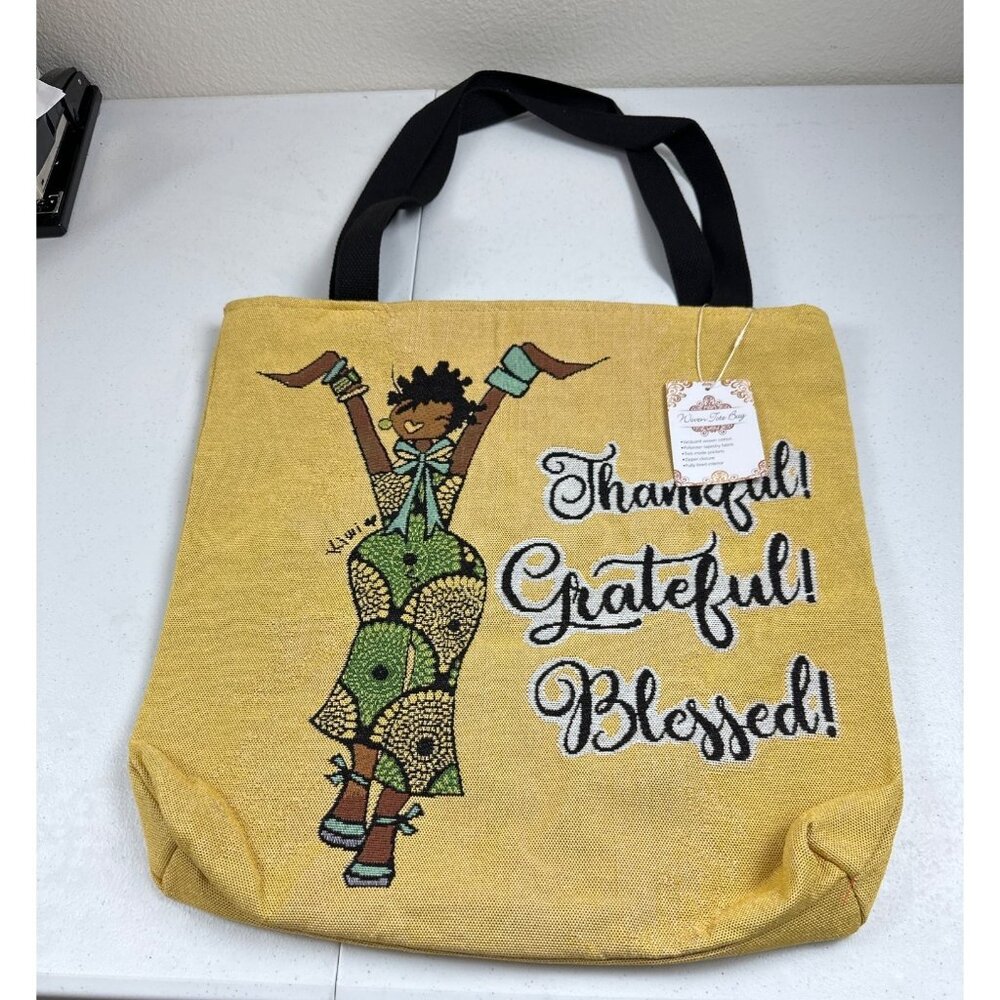 Thankful Grateful Blessed Tote Bag With Black Handles – Large   – Yellow & Black - Picture 5 of 11